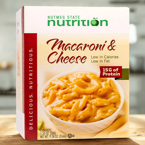 Box of Nutmeg State Nutrition Macaroni & Cheese, labeled low in calories, low in fat, with 15 grams of protein per serving.
