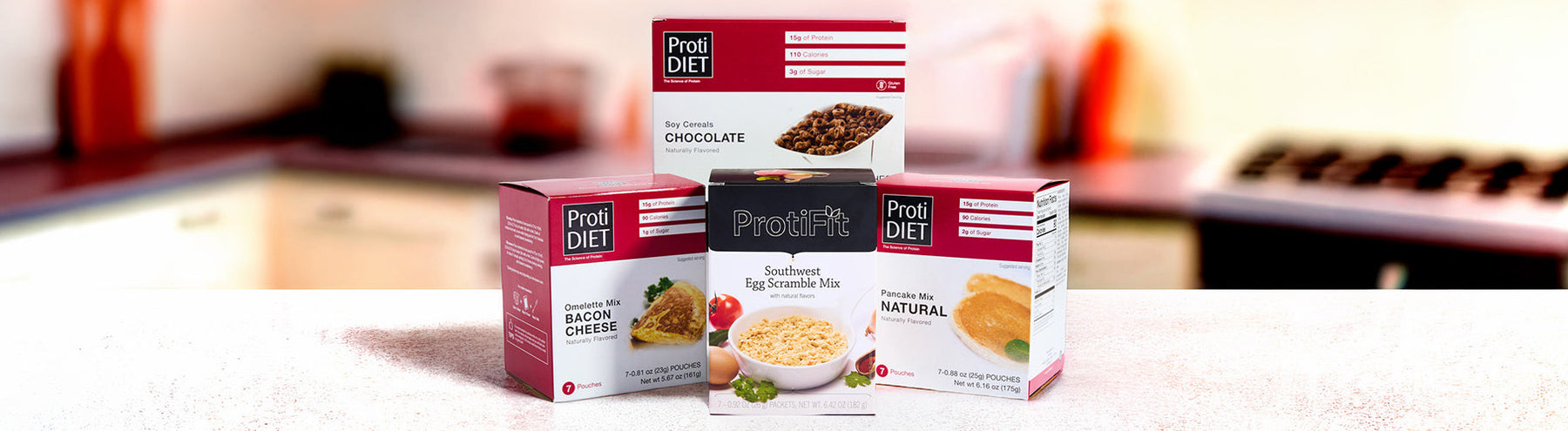 Proti Diet and ProtiFit high-protein breakfast mixes: chocolate soy cereal, bacon cheese omelette, Southwest egg scramble and pancake mix.