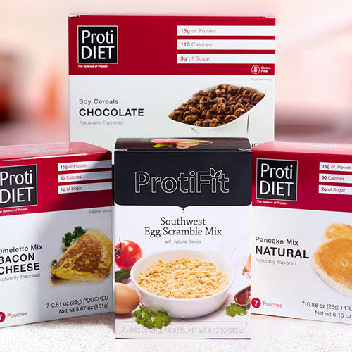 Proti Diet and ProtiFit high-protein breakfast mixes: chocolate soy cereal, bacon cheese omelette, Southwest egg scramble and pancake mix.