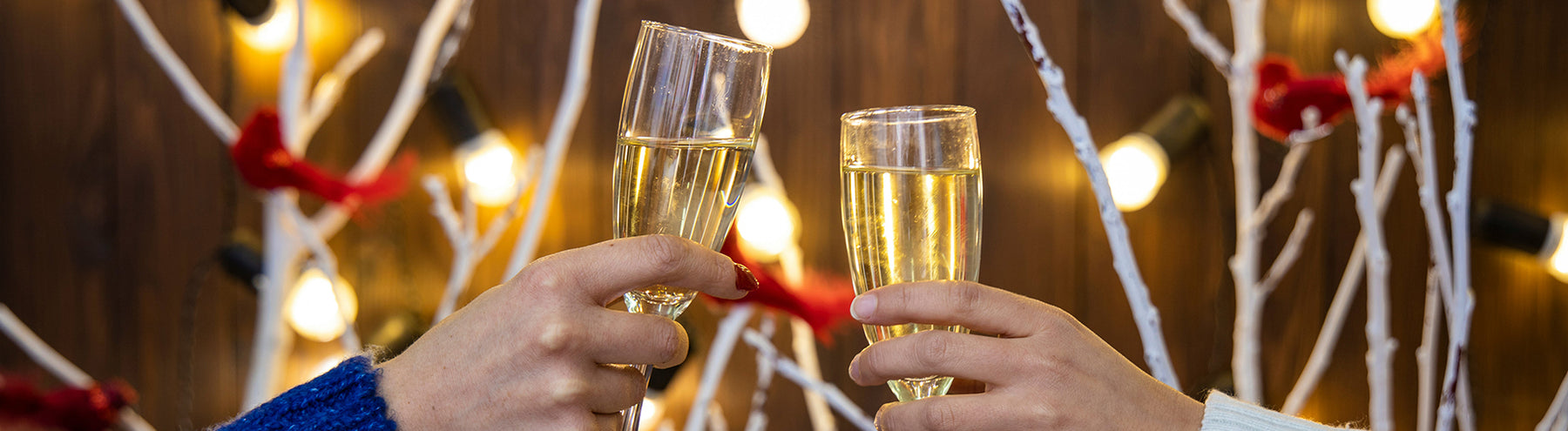 Two people toast a glass of champagne in front of holiday lights.