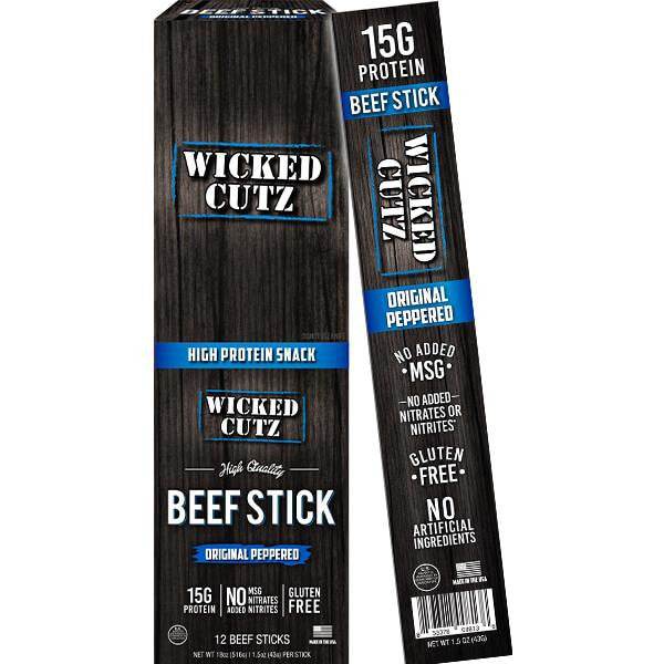 Box of Wicked Cutz Peppered Stick Beef 12 Sticks